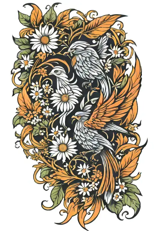 Phoenix Bird Daisies And Jasmine Flowers Intertwined