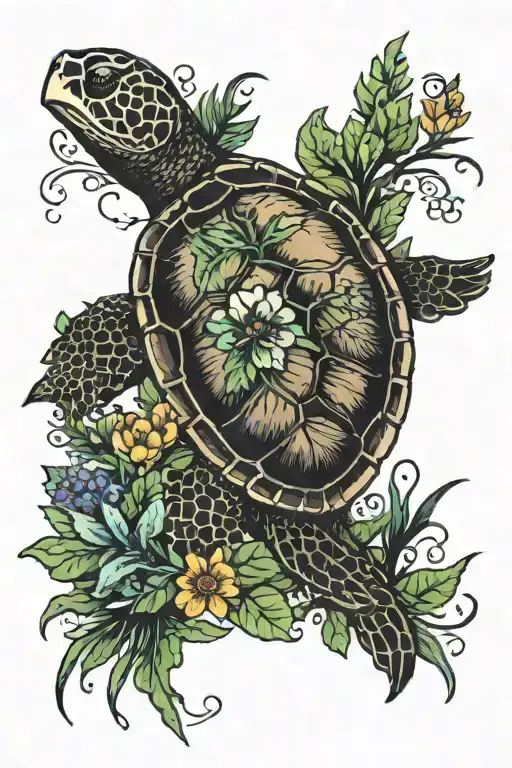 Sea Turtle Swimming Surrounded By Foliage And Flowers