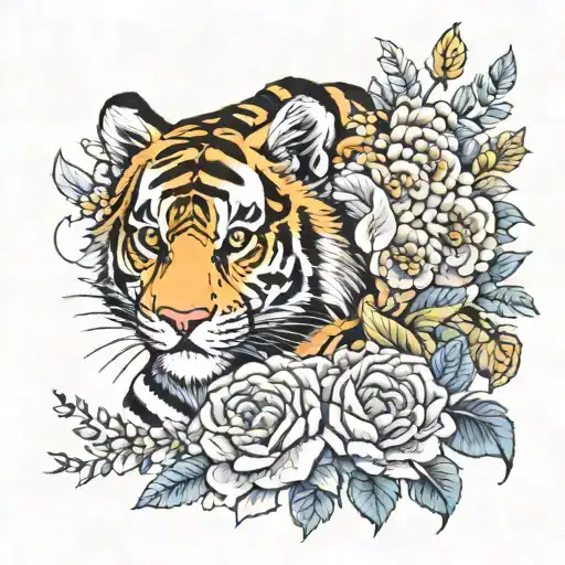 Tiger And A Baby Tiger Wit A Lot Of Flowers