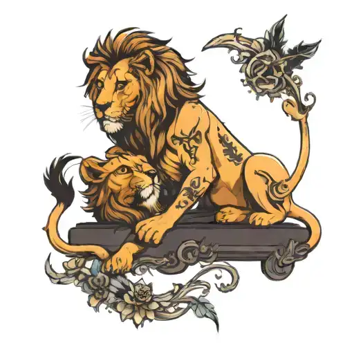 Tattoo With Male Lion And Litle Lion Witch Is Biting His Eyer