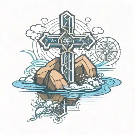 Cross On Rocks Over Water