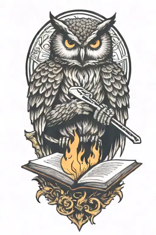 Owl Reading An Open Book But Holding A Cattle Brand On Fire And A Butchers Knife On Fire