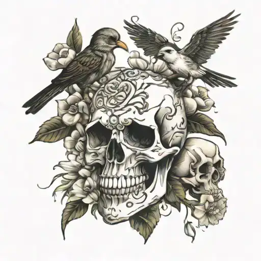 Flowers And Birds And Skull