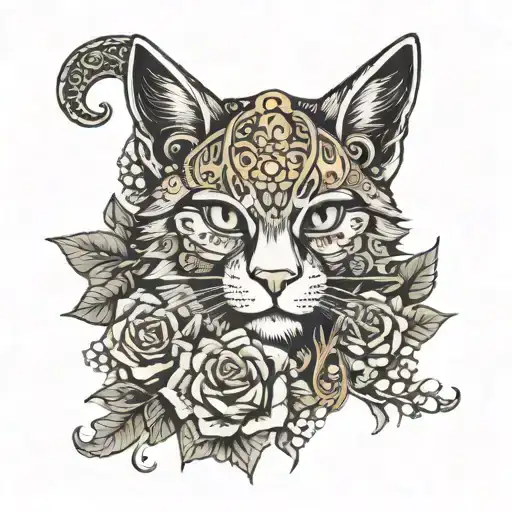 Viking Style Tattoo On Upper Thigh With Flowers Adorning And Writing And A Cat
