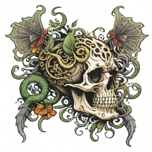 Skull Overlay Medusa Head With Snakes With Butterfies