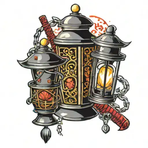 A Katana And A Lantern Linked By A Chain