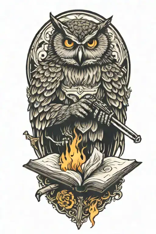 Owl Reading An Open Book But Holding A Cattle Brand On Fire And A Butchers Knife On Fire