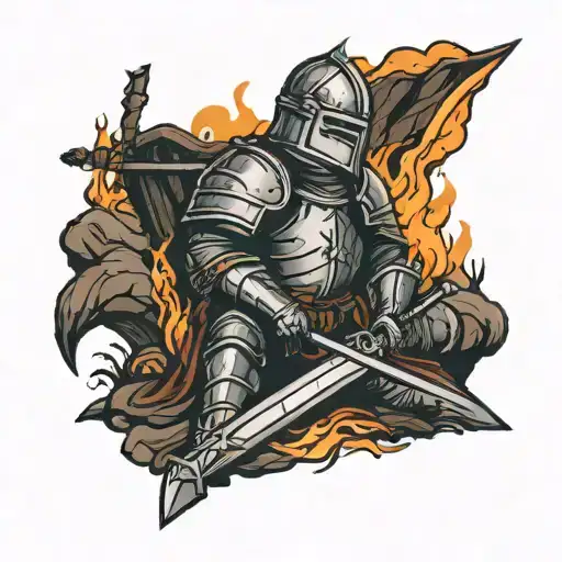 Knight Resting With Sword Next To Campfire