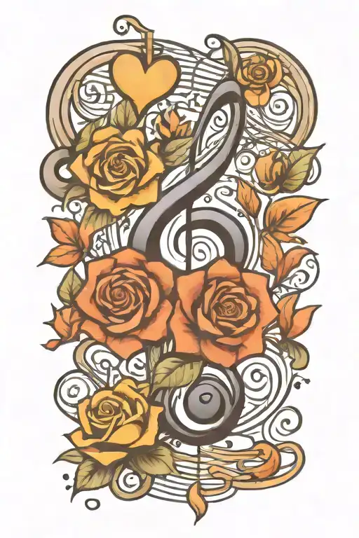 A Traditional Style Tattoo Featuring Musical Notes Intertwined With Symbols Of Love And Family