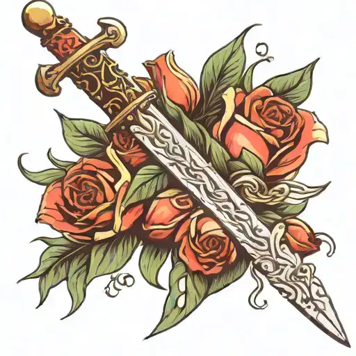 Bouquet Of Tulips And Roses Wrapped Around A Sword