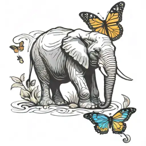Elephant With Monarch Butterfly Landing On Trunk