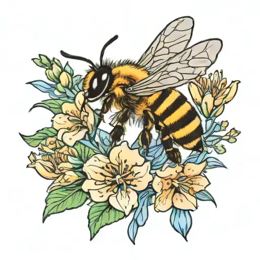 A Minimalist Tattoo Of A Honey Bee Perched Near A Larkspur Stem