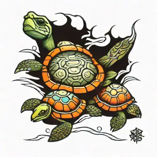 Three Little Turtles Crawling One After Another