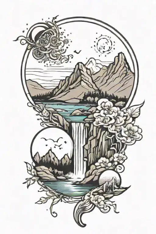 Mountains And A River With A Waterfall A Moon Phases