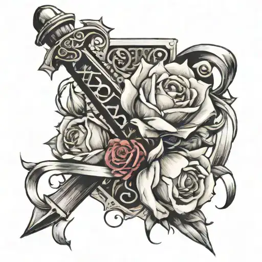 Bouquet Of Tulips And Roses Wrapped Around A Sword With 6 Roman Numeral