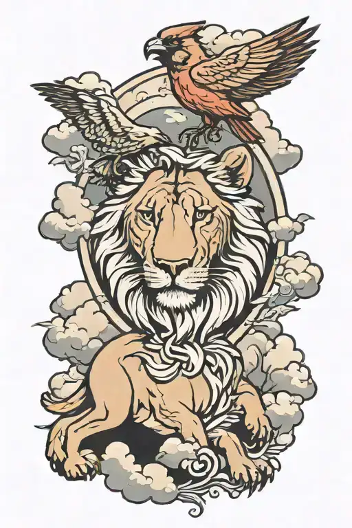 Cardinal Perched Atop A Lions With Clouds As Background