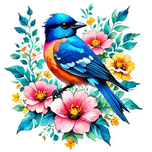 Blue Bird And Flowers
