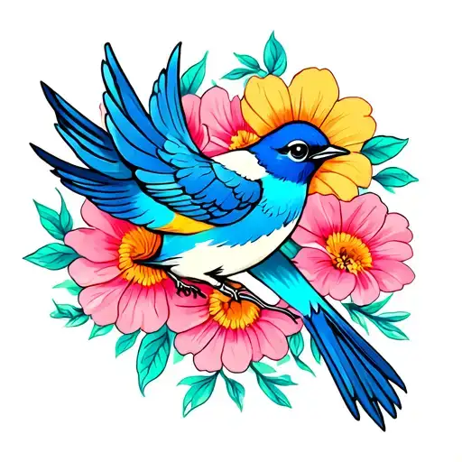Blue Bird And Flowers