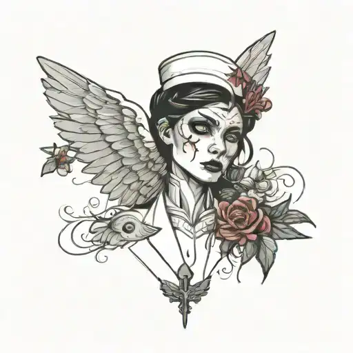 A Nurse Surrounded By Wings And Flowers With Cracks In Her Face And Very Dark Eyes