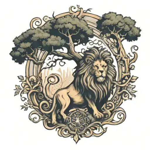 A Tree Of Life And Above It A Lion Head