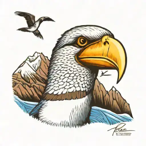 Tattoo Drawing Of A Blue-footed Booby With Chimborazo Mountain In The Background
