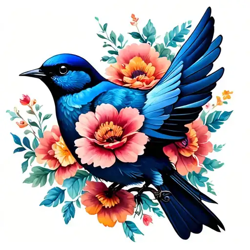 Blue Bird And Flowers