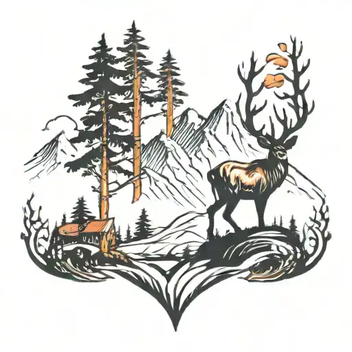 Mountains With Trees And Deer Standing