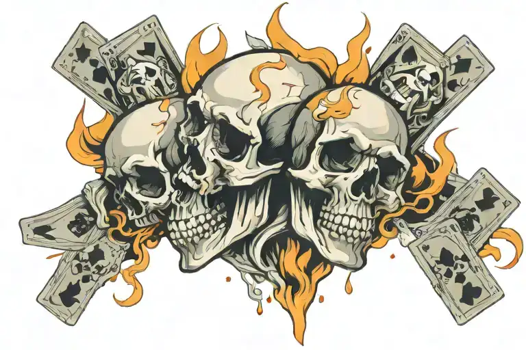Skull With Cards Falling That Are On Fire