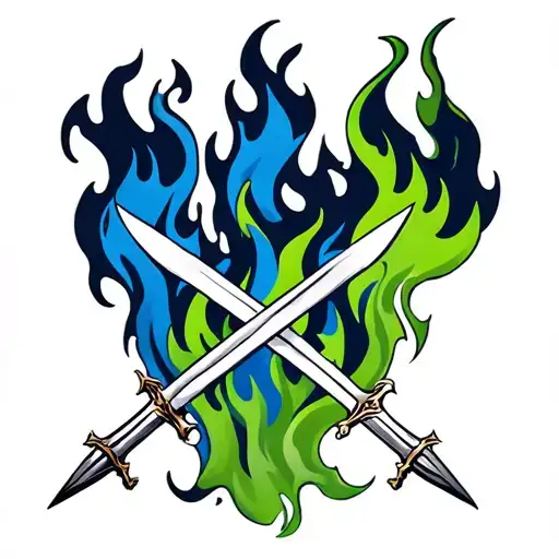 9 Tale In The Back With Blue And Green Flamming Fire In Front Of A Tale With A Two Crossing Sword