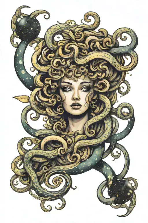 Medusa Portrayed As A Celestial Being With Galaxies Swirling In Her Eyes