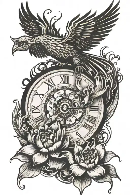 A Crown On Top Of A Fragmented Clock Combined With A Lotus Flower And A Phoenix In A Vertical Manner