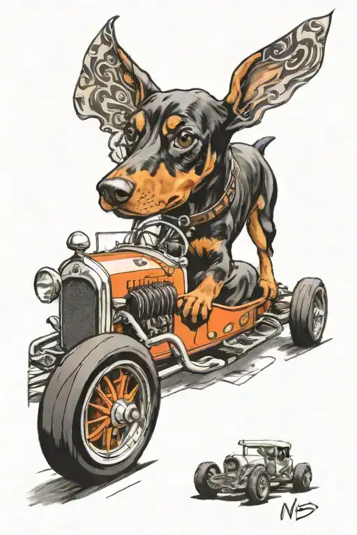 A Doberman Puppy Tattoo Driving A F1 Car