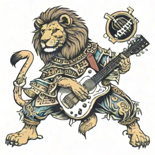 Lion Singing And Playing Guitar With A Football In Foot