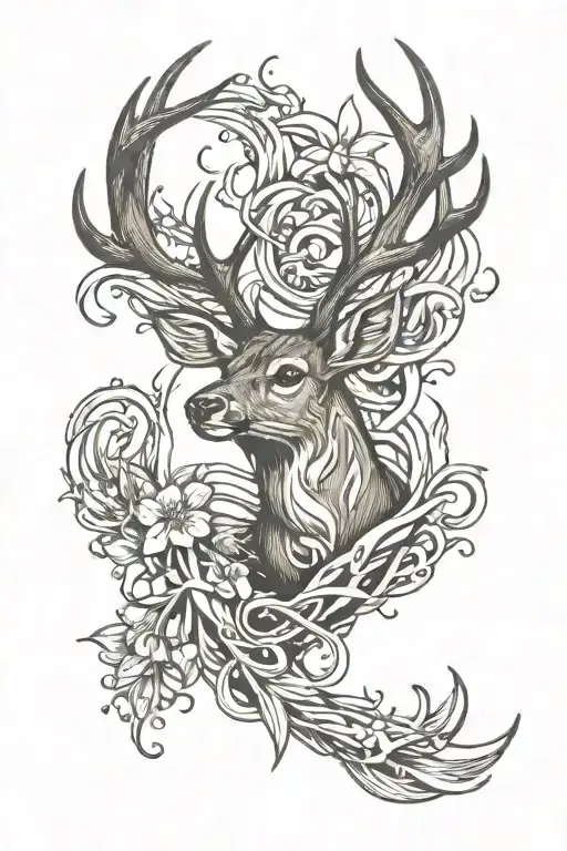 Deer Antlers Intertwined With Ocean Waves And Paw Prints