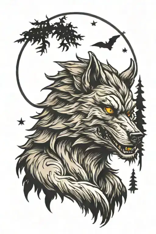 Werewolf Against The Background Of Fir Trees And The Moon