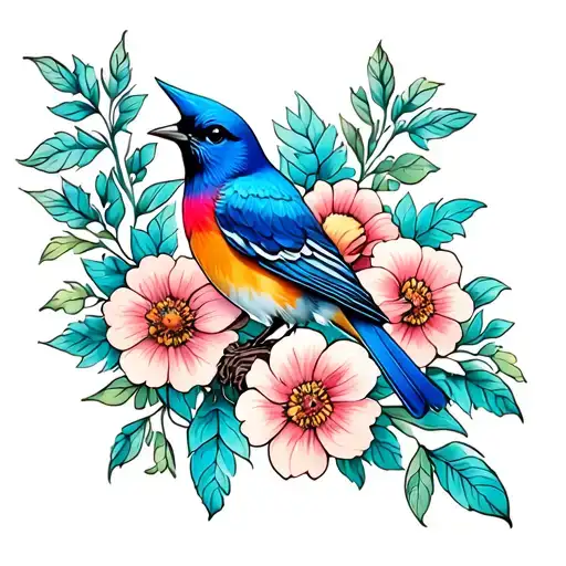 Blue Bird And Flowers