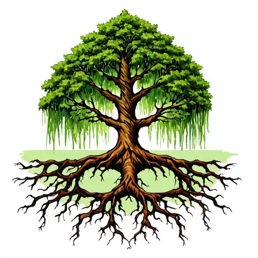 A Willow Tree With Seven Roots That Form A Circle Around The Tree