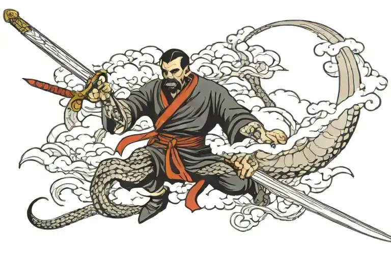 Man Killing Snake With Sword In Clouds