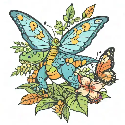 Dinosaur Cartoon Butterfly Plant