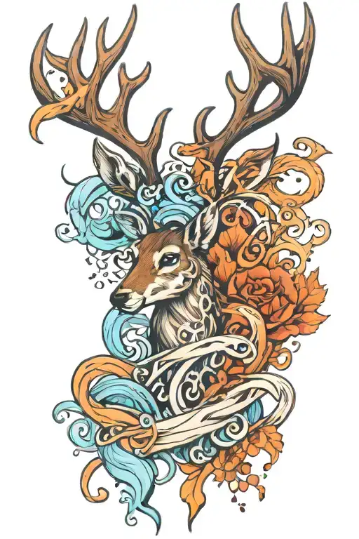 Deer Antlers Intertwined With Ocean Waves And Paw Prints