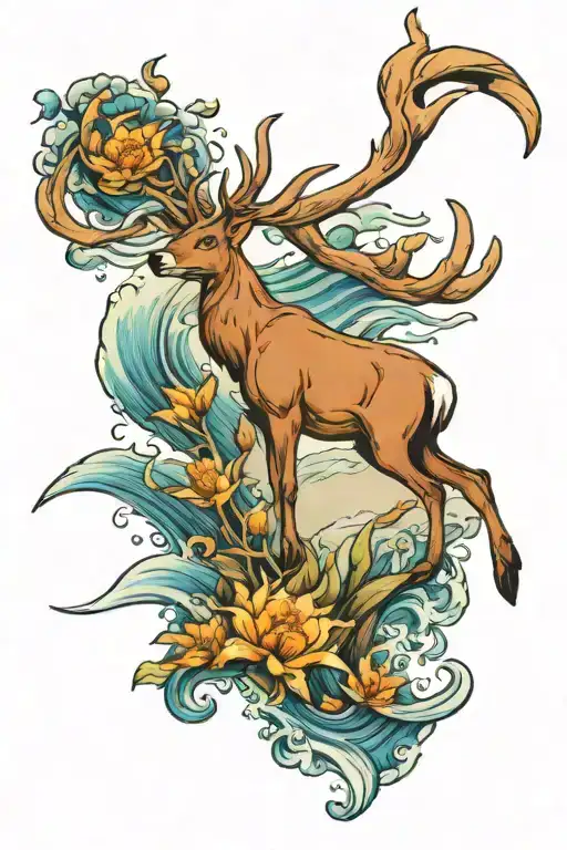 A Traditional Tattoo Of A Serene Ocean Scene With A Deer Drinking From The Water's Edge
