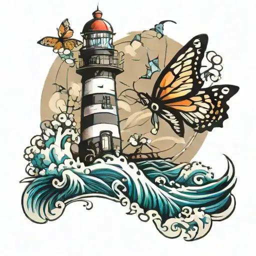 Lighthouse With Butterflies And Waves