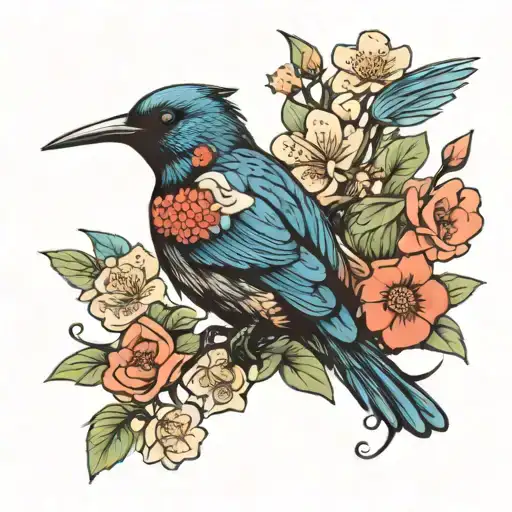 Tui Bird With Flowers In Japanese Style
