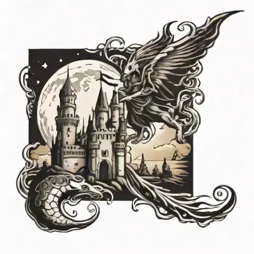 Tattoo Of Moon Castle And Battle