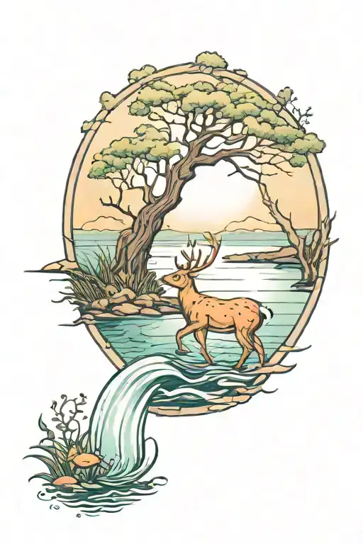 A Traditional Tattoo Of A Serene Ocean Scene With A Deer Drinking From The Water's Edge