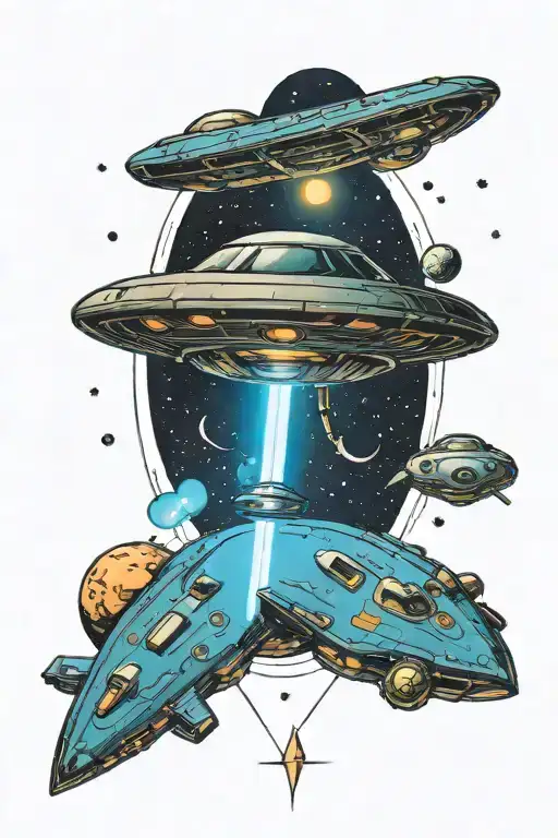 Ufo Floating In Space With Blue Laser