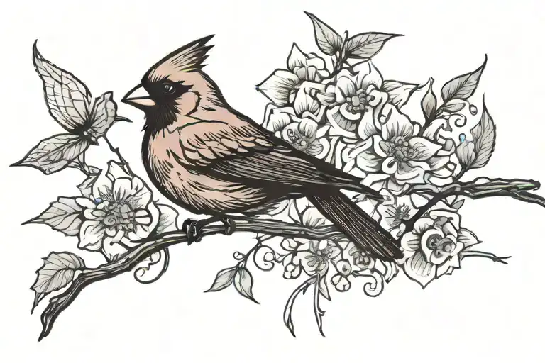 A Simple Silhouette Of A Cardinal And Dragonfly Intertwined With Vines And Flowers