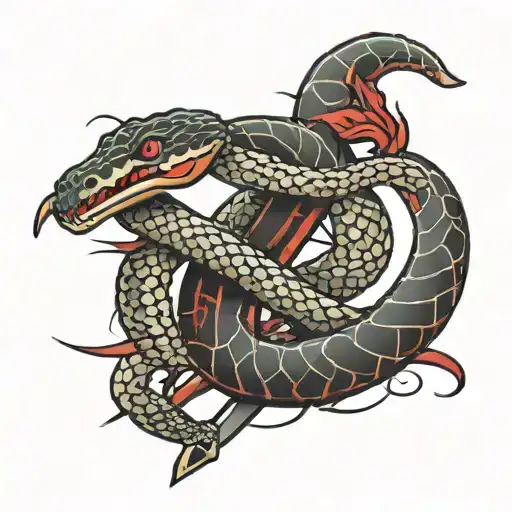 Snake Wrapped Around A Sword With The Year 04 In Red Ink Dead Center Over It