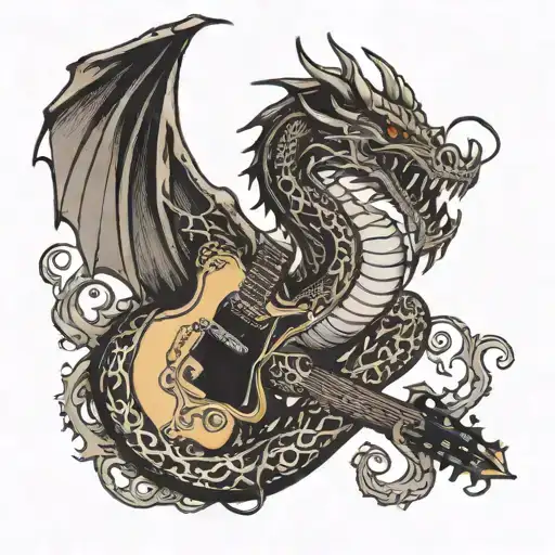 A Black And White Dragon Tattoo Curls Around The Neck Of The Guitar