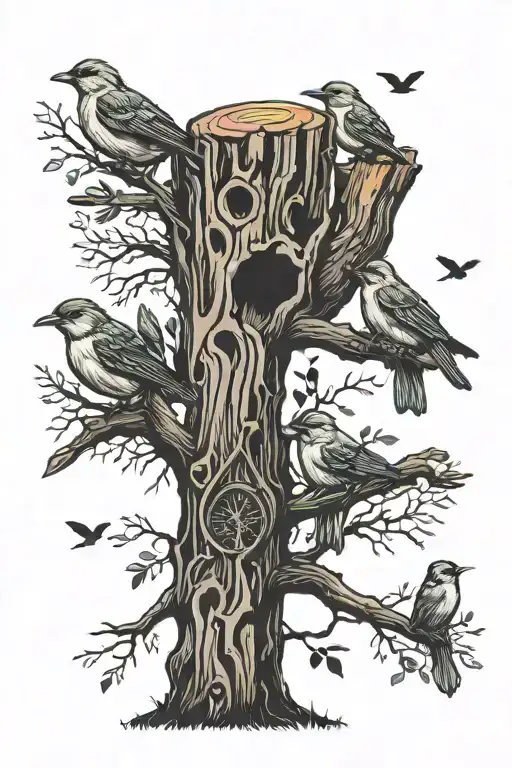 Birds In Tree With Names Carved In Stump
